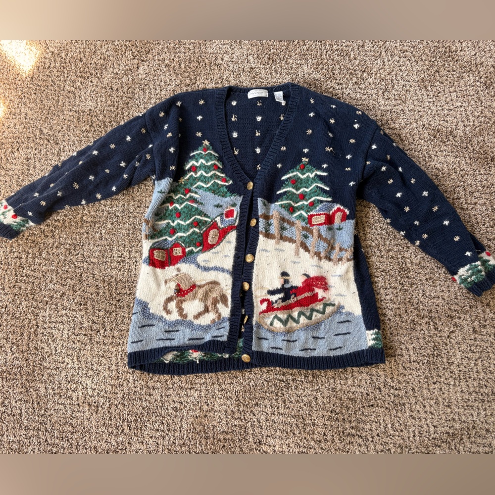 Woman’s Festive Knit Cardigan - Navy and Multicolor